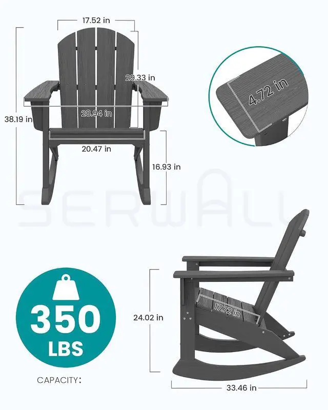 Alt view image 3 of 7 - Outdoor Adirondack Rocking Chair, All-Weather HDPE Porch Rocker Chair, Patio Adirondack Rocker Chair for Lawn Porch Deck, Grey