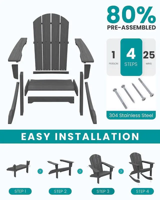 Alt view image 4 of 7 - Outdoor Adirondack Rocking Chair, All-Weather HDPE Porch Rocker Chair, Patio Adirondack Rocker Chair for Lawn Porch Deck, Grey