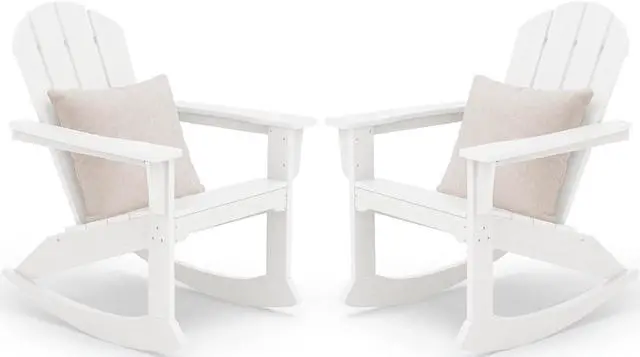 Alt view image 3 of 7 - Outdoor Adirondack Rocking Chairs Set of 2 with Pillows(500 PP Cotton Filling), All-Weather HDPE Adirondack Rocker Chair, Front Porch Rocker Chairs for Patio Lawn Porch Deck, White