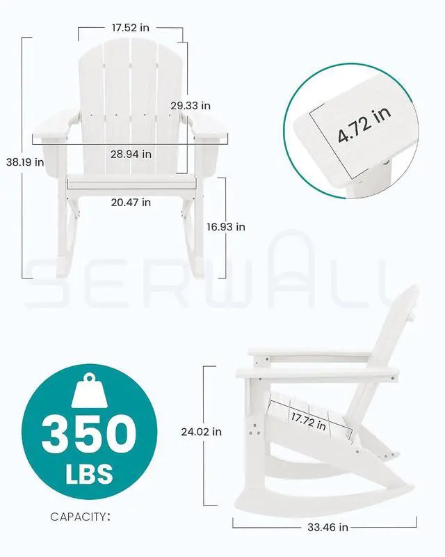 Alt view image 3 of 7 - Outdoor Adirondack Rocking Chairs Set of 2, All-Weather HDPE Adirondack Rocker Chair, Front Porch Rocker Chairs for Patio Lawn Porch Deck, White