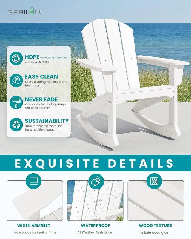 Alt view image 4 of 7 - Outdoor Adirondack Rocking Chairs Set of 2, All-Weather HDPE Adirondack Rocker Chair, Front Porch Rocker Chairs for Patio Lawn Porch Deck, White