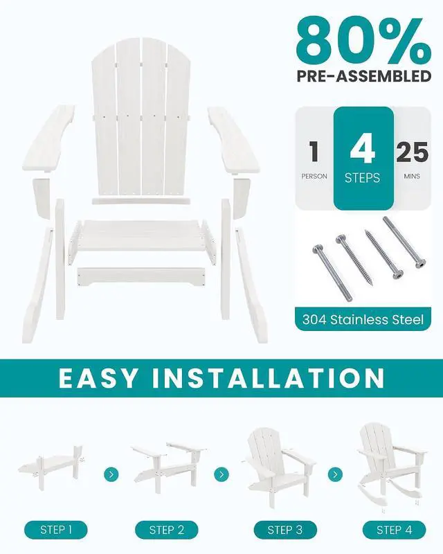 Alt view image 6 of 7 - Outdoor Adirondack Rocking Chairs Set of 2, All-Weather HDPE Adirondack Rocker Chair, Front Porch Rocker Chairs for Patio Lawn Porch Deck, White
