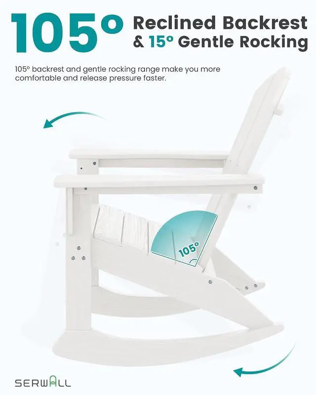 Alt view image 5 of 7 - Outdoor Adirondack Rocking Chairs Set of 2, All-Weather HDPE Adirondack Rocker Chair, Front Porch Rocker Chairs for Patio Lawn Porch Deck, White