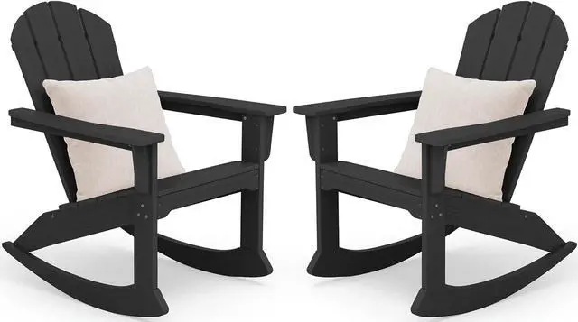 Alt view image 3 of 7 - Outdoor Adirondack Rocking Chairs Set of 2 with Pillows(500 PP Cotton Filling), All-Weather HDPE Adirondack Rocker Chair, Front Porch Rocker Chairs for Patio Lawn Porch Deck, Black
