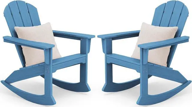 Alt view image 3 of 7 - Outdoor Adirondack Rocking Chairs Set of 2 with Pillows(500 PP Cotton Filling), All-Weather HDPE Adirondack Rocker Chair, Front Porch Rocker Chairs for Patio Lawn Porch Deck, Blue