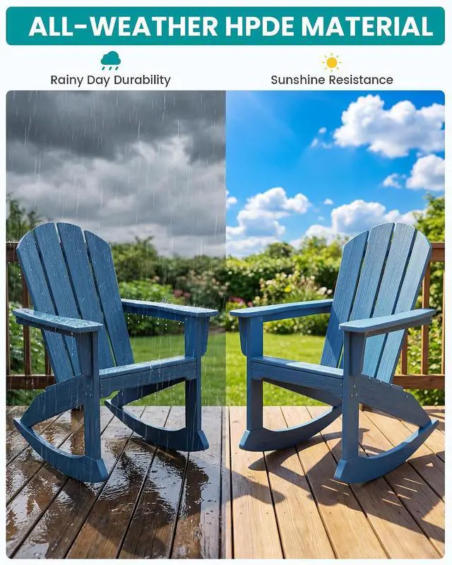 Alt view image 7 of 7 - Outdoor Adirondack Rocking Chairs Set of 2 with Pillows(500 PP Cotton Filling), All-Weather HDPE Adirondack Rocker Chair, Front Porch Rocker Chairs for Patio Lawn Porch Deck, Blue