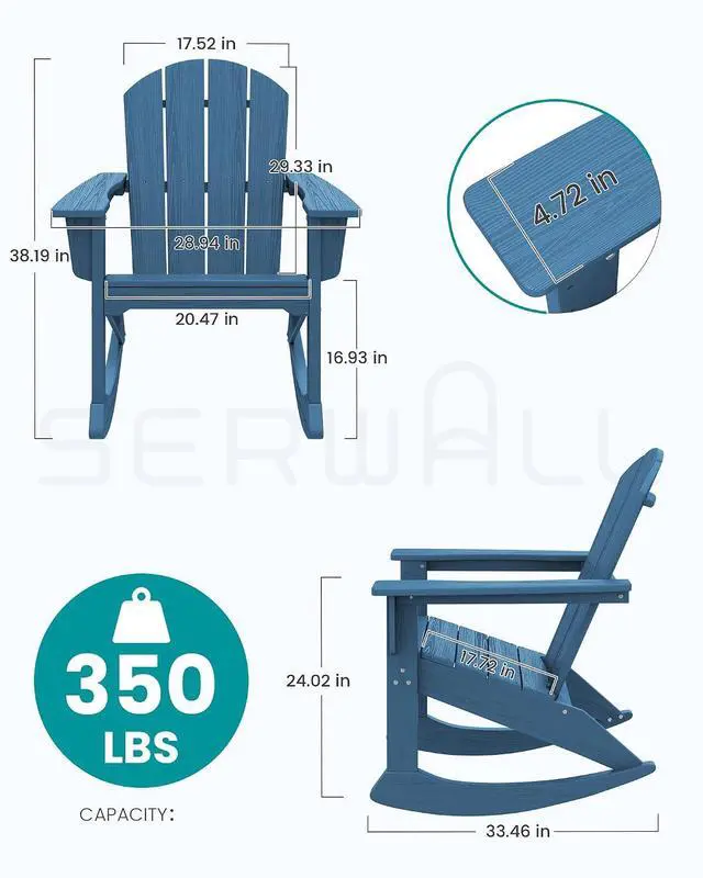 Alt view image 3 of 7 - Outdoor Adirondack Rocking Chair, All-Weather HDPE Adirondack Rocker Chair, Front Porch Rocker Chairs for Patio Lawn Porch Deck, Navy