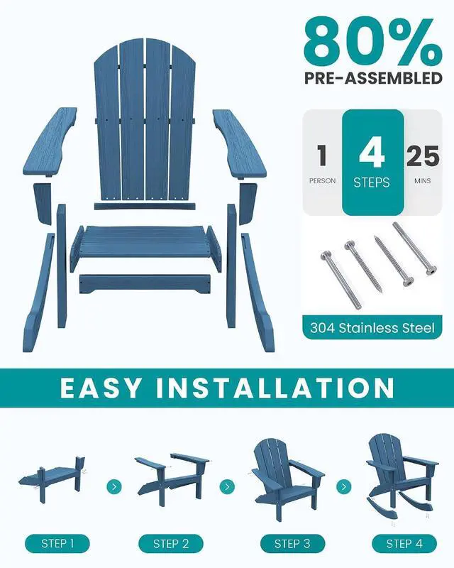 Alt view image 5 of 7 - Outdoor Adirondack Rocking Chair, All-Weather HDPE Adirondack Rocker Chair, Front Porch Rocker Chairs for Patio Lawn Porch Deck, Navy