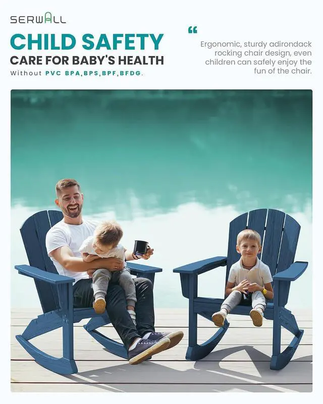 Alt view image 7 of 7 - Outdoor Adirondack Rocking Chair, All-Weather HDPE Adirondack Rocker Chair, Front Porch Rocker Chairs for Patio Lawn Porch Deck, Navy