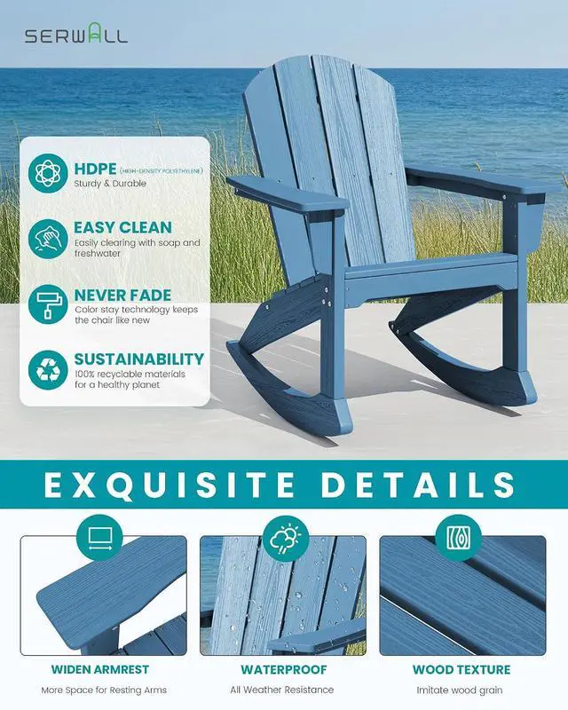 Alt view image 6 of 7 - Outdoor Adirondack Rocking Chair, All-Weather HDPE Adirondack Rocker Chair, Front Porch Rocker Chairs for Patio Lawn Porch Deck, Navy