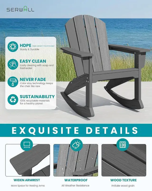 Alt view image 4 of 7 - Outdoor Adirondack Rocking Chairs Set of 4, All-Weather HDPE Adirondack Rocker Chair, Front Porch Rocker Chairs for Patio Lawn Porch Deck, Grey