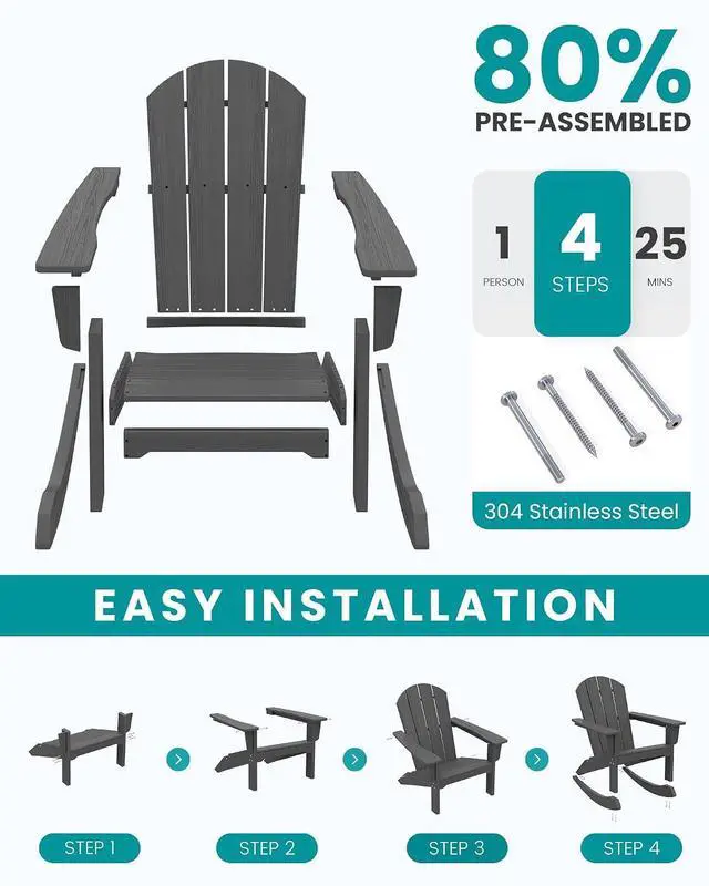 Alt view image 6 of 7 - Outdoor Adirondack Rocking Chairs Set of 4, All-Weather HDPE Adirondack Rocker Chair, Front Porch Rocker Chairs for Patio Lawn Porch Deck, Grey