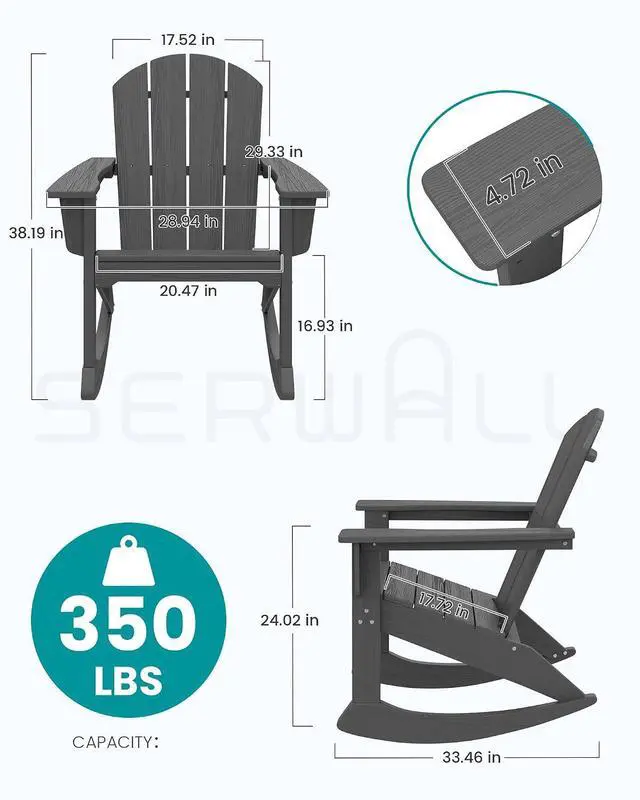 Alt view image 2 of 7 - Outdoor Adirondack Rocking Chairs Set of 4, All-Weather HDPE Adirondack Rocker Chair, Front Porch Rocker Chairs for Patio Lawn Porch Deck, Grey