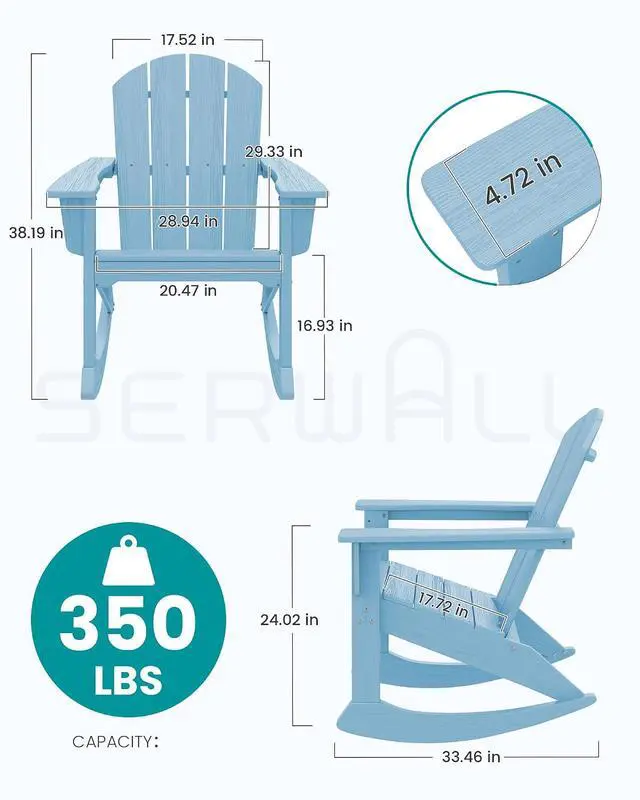 Alt view image 3 of 7 - Outdoor Adirondack Rocking Chair, All-Weather HDPE Adirondack Rocker Chair, Front Porch Rocker Chairs for Patio Lawn Porch Deck, Light Blue