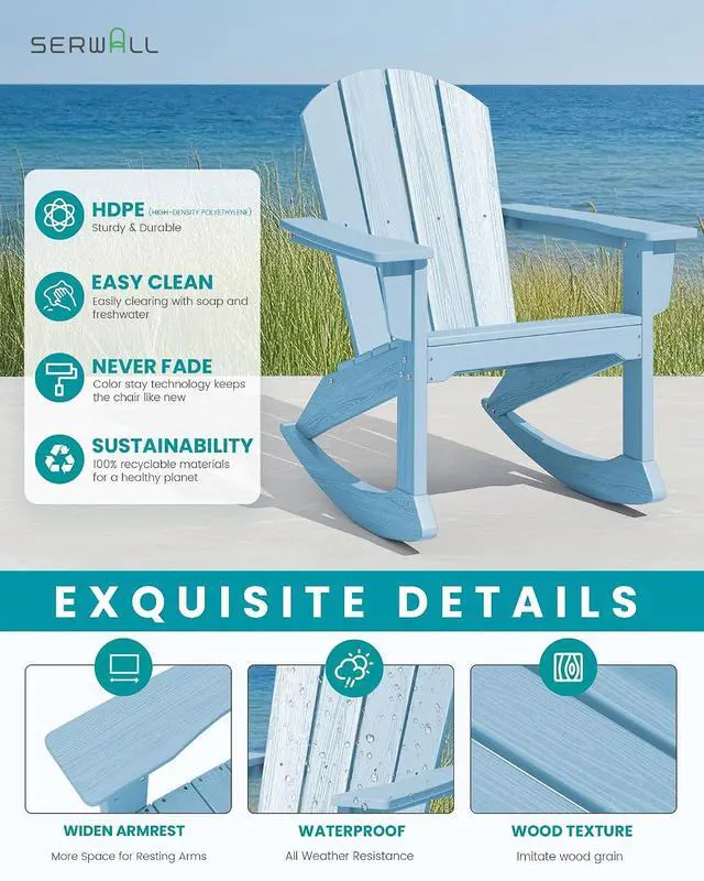 Alt view image 4 of 7 - Outdoor Adirondack Rocking Chair, All-Weather HDPE Adirondack Rocker Chair, Front Porch Rocker Chairs for Patio Lawn Porch Deck, Light Blue