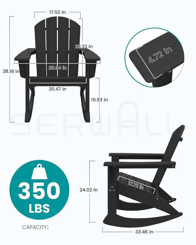 Alt view image 3 of 7 - Outdoor Adirondack Rocking Chairs Set of 2, All-Weather HDPE Adirondack Rocker Chair, Front Porch Rocker Chairs for Patio Lawn Porch Deck, Black