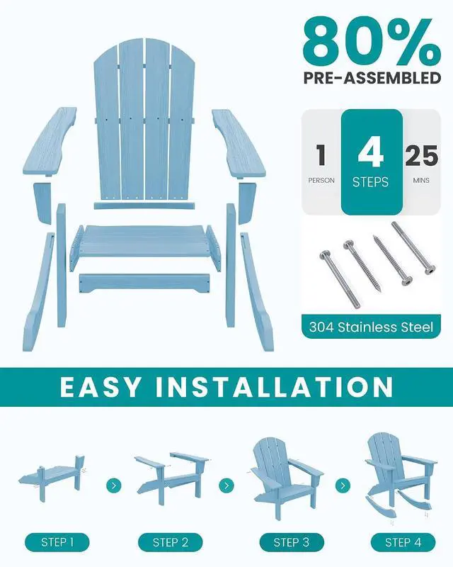 Alt view image 5 of 7 - Outdoor Adirondack Rocking Chair, All-Weather HDPE Adirondack Rocker Chair, Front Porch Rocker Chairs for Patio Lawn Porch Deck, Light Blue