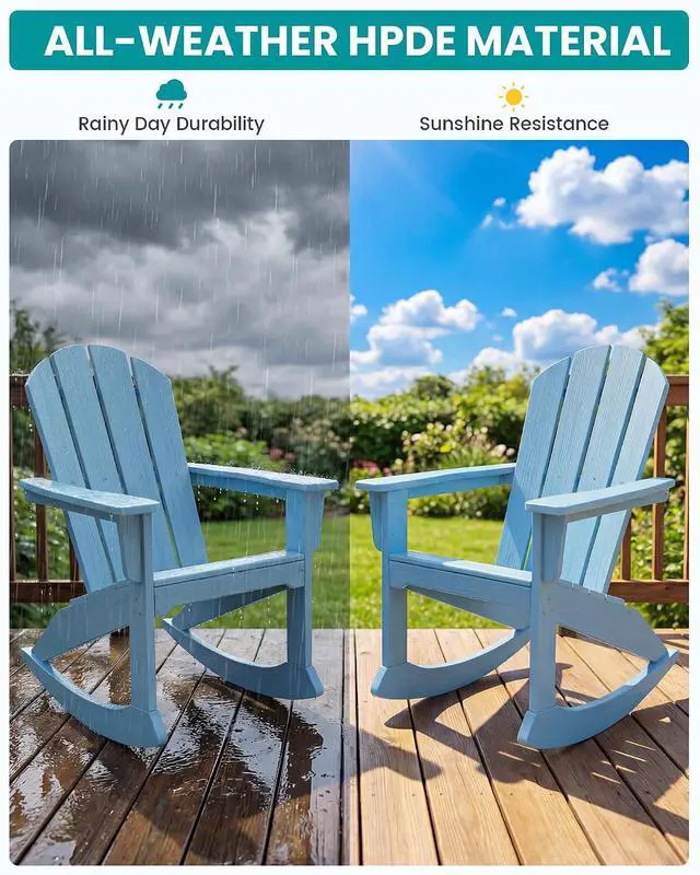 Alt view image 6 of 7 - Outdoor Adirondack Rocking Chair, All-Weather HDPE Adirondack Rocker Chair, Front Porch Rocker Chairs for Patio Lawn Porch Deck, Light Blue