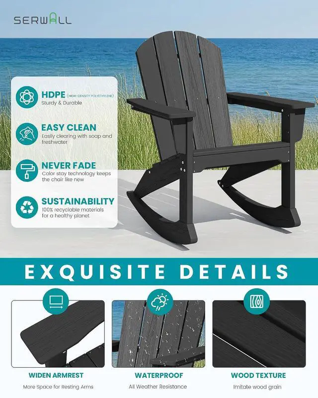 Alt view image 5 of 7 - Outdoor Adirondack Rocking Chairs Set of 2, All-Weather HDPE Adirondack Rocker Chair, Front Porch Rocker Chairs for Patio Lawn Porch Deck, Black