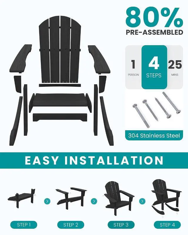 Alt view image 4 of 7 - Outdoor Adirondack Rocking Chairs Set of 2, All-Weather HDPE Adirondack Rocker Chair, Front Porch Rocker Chairs for Patio Lawn Porch Deck, Black
