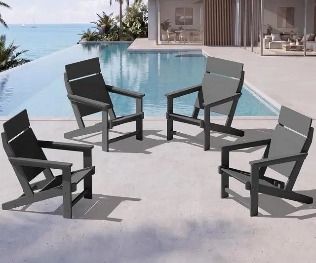 Main image of Modern Adirondack Chairs, Slatless HDPE Adirondack Chairs, Solid Backrest Plastic Outdoor Chairs Set of 4,Wood-Like Texture-Grey