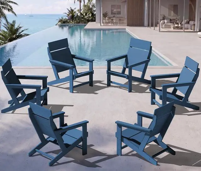 Main image of Modern Adirondack Chairs, Slatless HDPE Adirondack Chairs, Solid Backrest Plastic Outdoor Chairs Set of 6,Wood-Like Texture-Blue