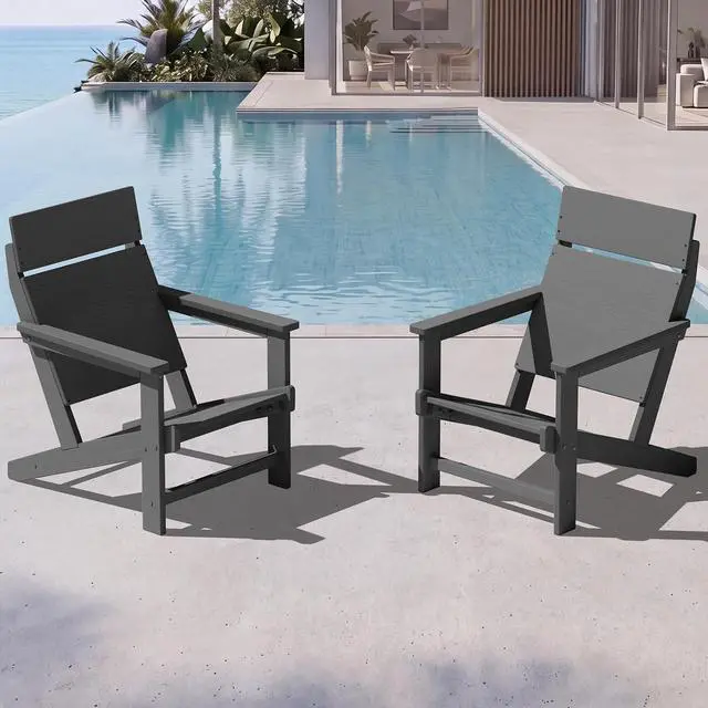 Main image of Modern Adirondack Chairs, Slatless HDPE Adirondack Chairs, Solid Backrest Plastic Outdoor Chairs Set of 2,Wood-Like Texture-Grey