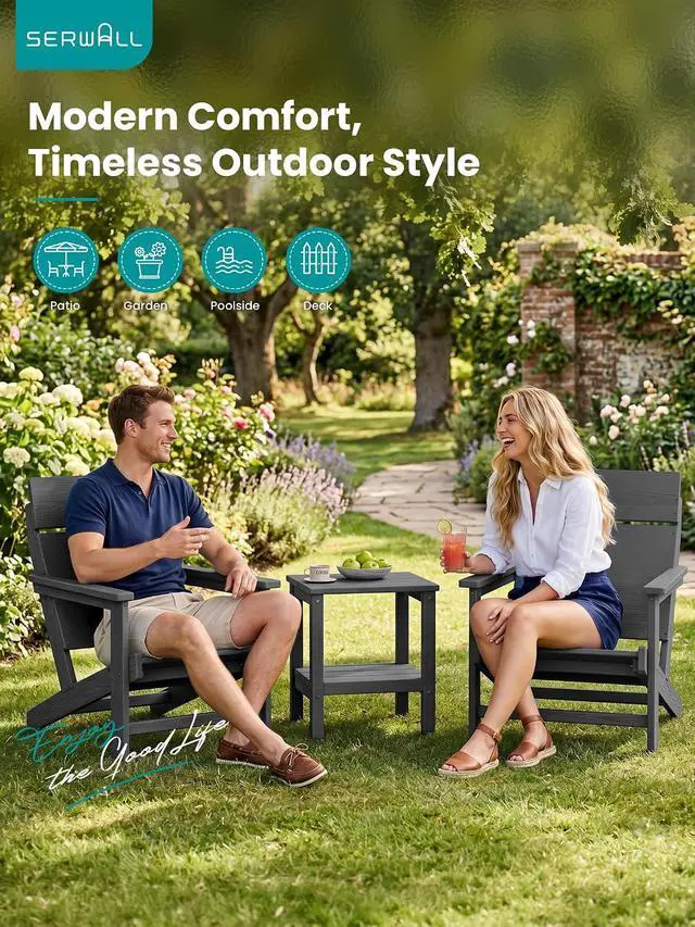 Alt view image 3 of 7 - Modern Adirondack Chairs, Slatless HDPE Adirondack Chairs, Solid Backrest Plastic Outdoor Chairs Set of 2,Wood-Like Texture-Grey