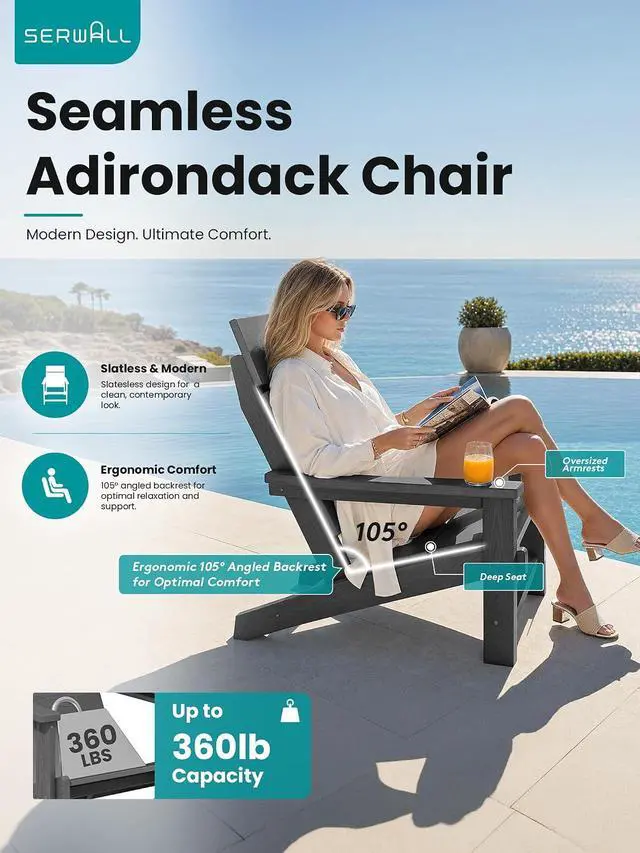 Alt view image 5 of 7 - Modern Adirondack Chairs, Slatless HDPE Adirondack Chairs, Solid Backrest Plastic Outdoor Chairs Set of 2,Wood-Like Texture-Grey