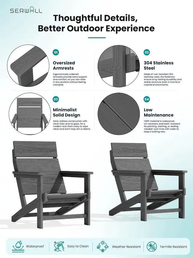 Alt view image 6 of 7 - Modern Adirondack Chairs, Slatless HDPE Adirondack Chairs, Solid Backrest Plastic Outdoor Chairs Set of 2,Wood-Like Texture-Grey