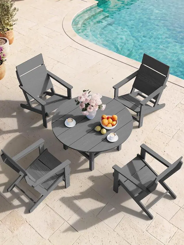 Alt view image 7 of 7 - Modern Adirondack Chairs, Slatless HDPE Adirondack Chairs, Solid Backrest Plastic Outdoor Chairs Set of 2,Wood-Like Texture-Grey