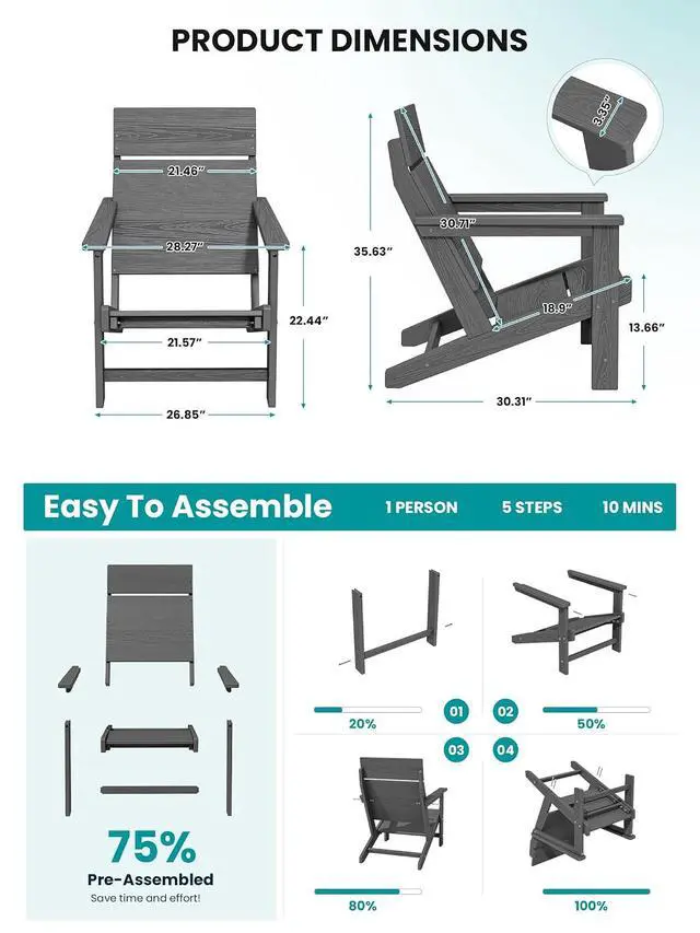 Alt view image 2 of 7 - Modern Adirondack Chairs, Slatless HDPE Adirondack Chairs, Solid Backrest Plastic Outdoor Chairs Set of 2,Wood-Like Texture-Grey