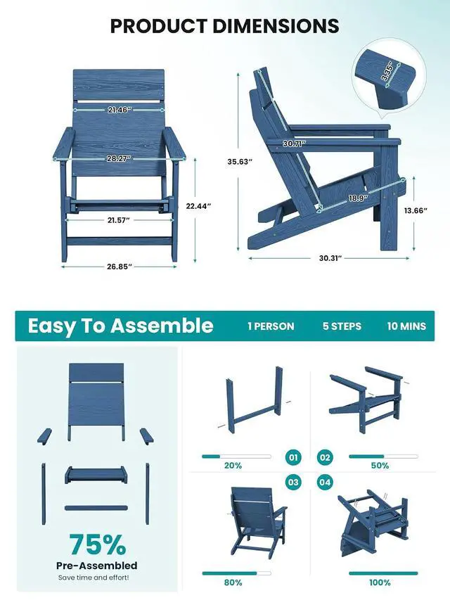 Alt view image 2 of 7 - Modern Adirondack Chairs, Slatless HDPE Adirondack Chairs, Solid Backrest Plastic Outdoor Chairs Set of 6,Wood-Like Texture-Blue
