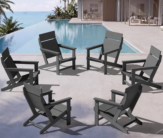 Main image of Modern Adirondack Chairs, Slatless HDPE Adirondack Chairs, Solid Backrest Plastic Outdoor Chairs Set of 6,Wood-Like Texture-Grey