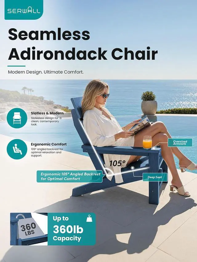 Alt view image 5 of 7 - Modern Adirondack Chairs, Slatless HDPE Adirondack Chairs, Solid Backrest Plastic Outdoor Chairs Set of 6,Wood-Like Texture-Blue