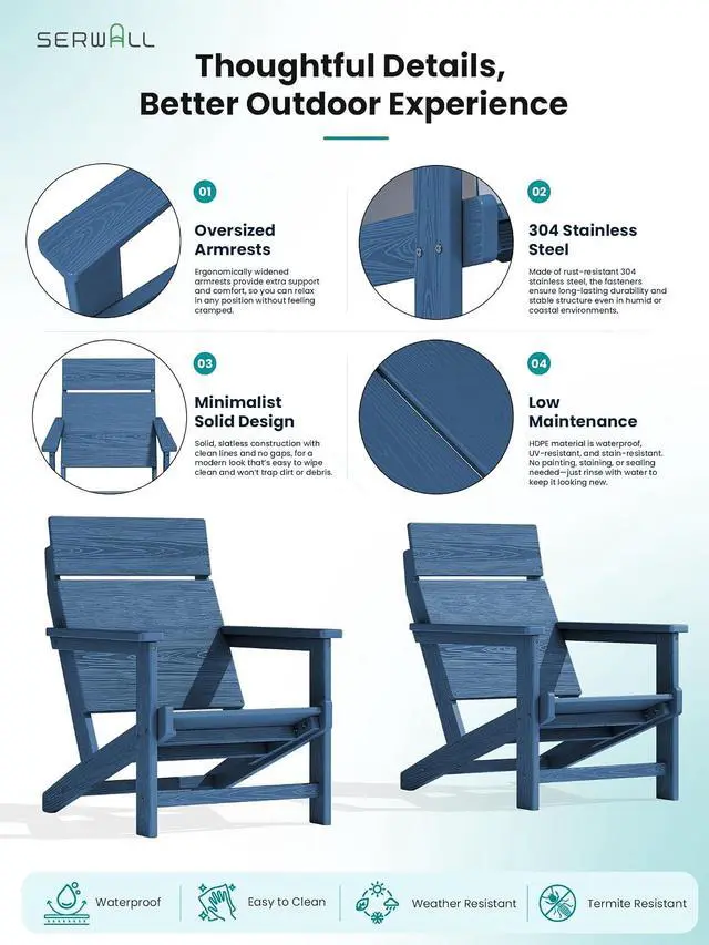 Alt view image 6 of 7 - Modern Adirondack Chairs, Slatless HDPE Adirondack Chairs, Solid Backrest Plastic Outdoor Chairs Set of 6,Wood-Like Texture-Blue