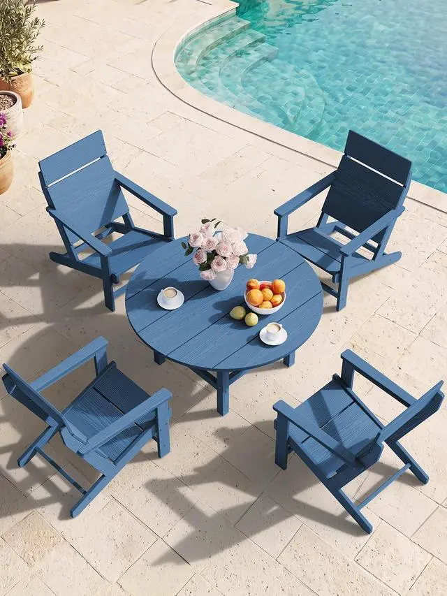 Alt view image 7 of 7 - Modern Adirondack Chairs, Slatless HDPE Adirondack Chairs, Solid Backrest Plastic Outdoor Chairs Set of 6,Wood-Like Texture-Blue