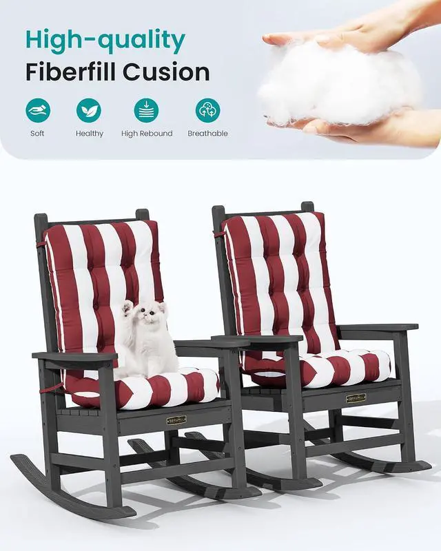 Alt view image 5 of 7 - HDPE Outdoor Rocking Chair Cushion Set of 2, Memory Foam Cushion Red White