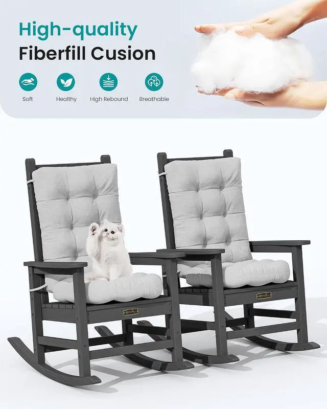Alt view image 6 of 7 - HDPE Outdoor Rocking Chair Cushion Set of 2, Memory Foam Cushion Gray