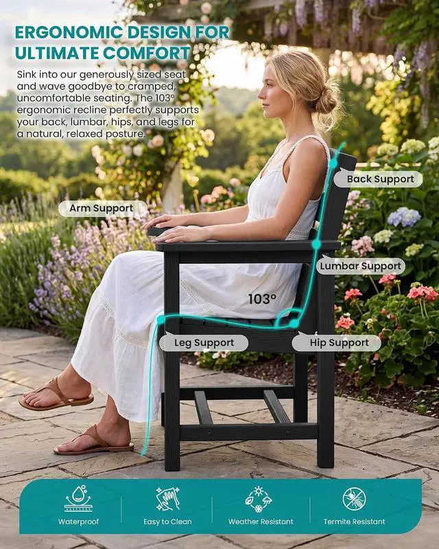 Alt view image 2 of 7 - HDPE Dining Set for 8: 2 Umbrella Hole Tables + 8 Chairs. for Garden, Backyard, Poolside. Black