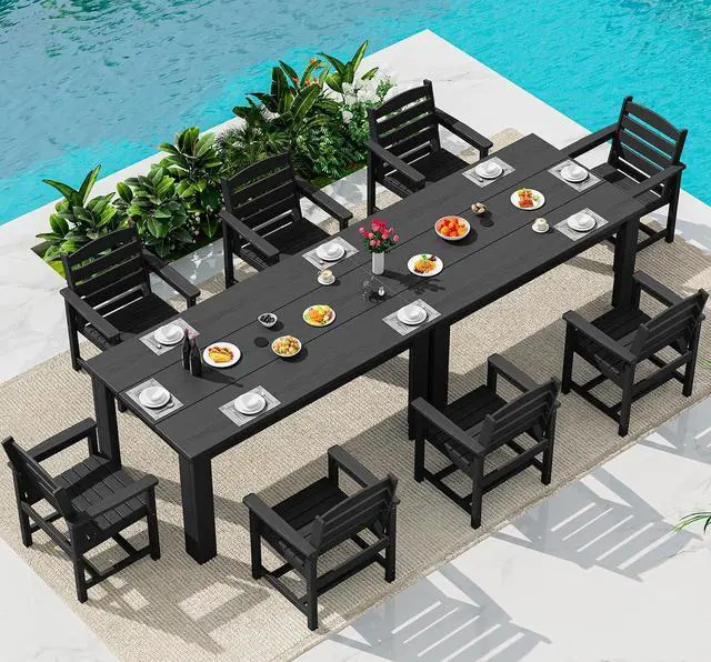 Main image of HDPE Dining Set for 8: 2 Umbrella Hole Tables + 8 Chairs. for Garden, Backyard, Poolside. Black