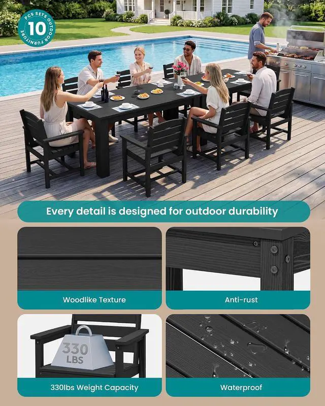 Alt view image 4 of 7 - HDPE Dining Set for 8: 2 Umbrella Hole Tables + 8 Chairs. for Garden, Backyard, Poolside. Black