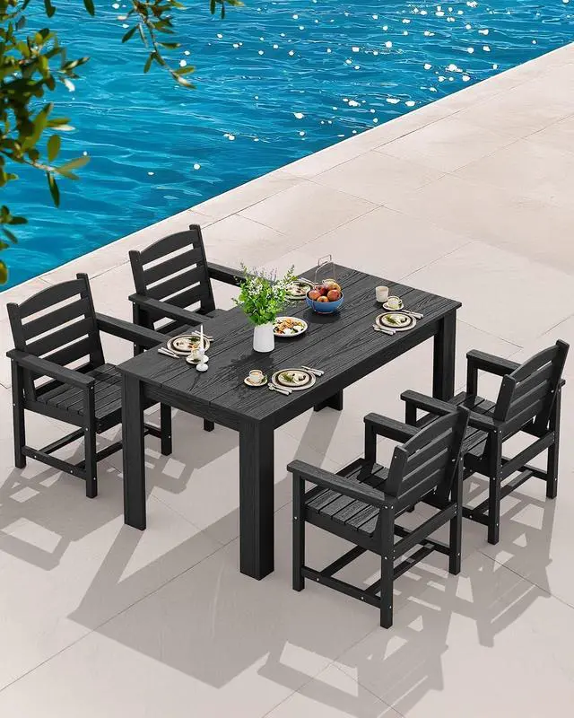 Alt view image 6 of 7 - HDPE Dining Set for 8: 2 Umbrella Hole Tables + 8 Chairs. for Garden, Backyard, Poolside. Black