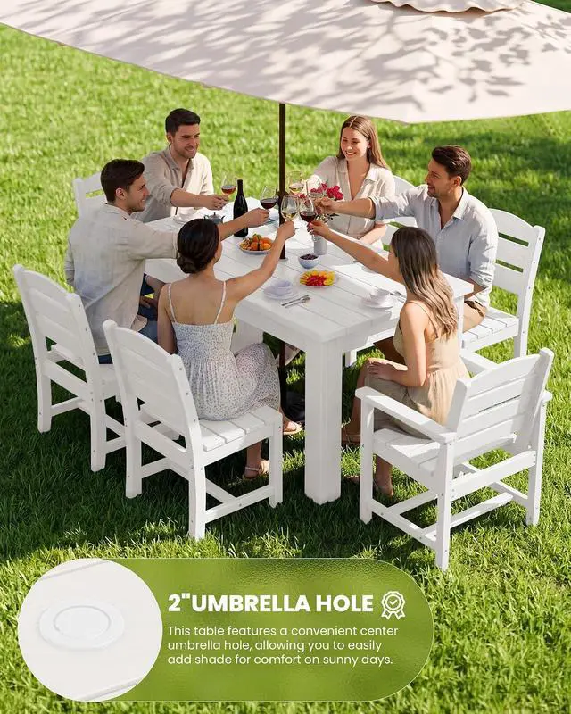 Alt view image 3 of 7 - HDPE Dining Set for 6: 1 Umbrella Hole Table, 4 Armless + 2 Armchairs. for Patio, Garden, Backyard. White