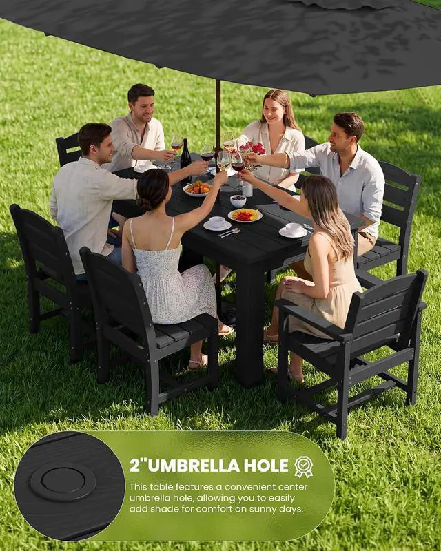 Alt view image 5 of 7 - HDPE Dining Set for 8: 2 Umbrella Hole Tables + 8 Chairs. for Garden, Backyard, Poolside. Black