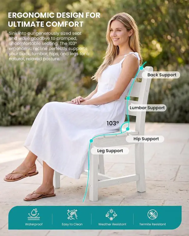 Alt view image 5 of 7 - HDPE Dining Set for 6: 1 Umbrella Hole Table, 4 Armless + 2 Armchairs. for Patio, Garden, Backyard. White
