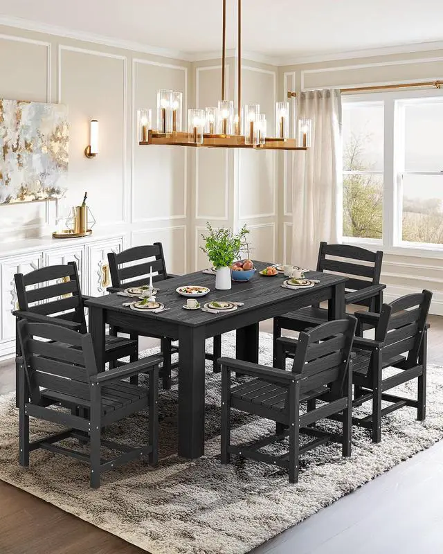 Alt view image 7 of 7 - HDPE Dining Set for 8: 2 Umbrella Hole Tables + 8 Chairs. for Garden, Backyard, Poolside. Black