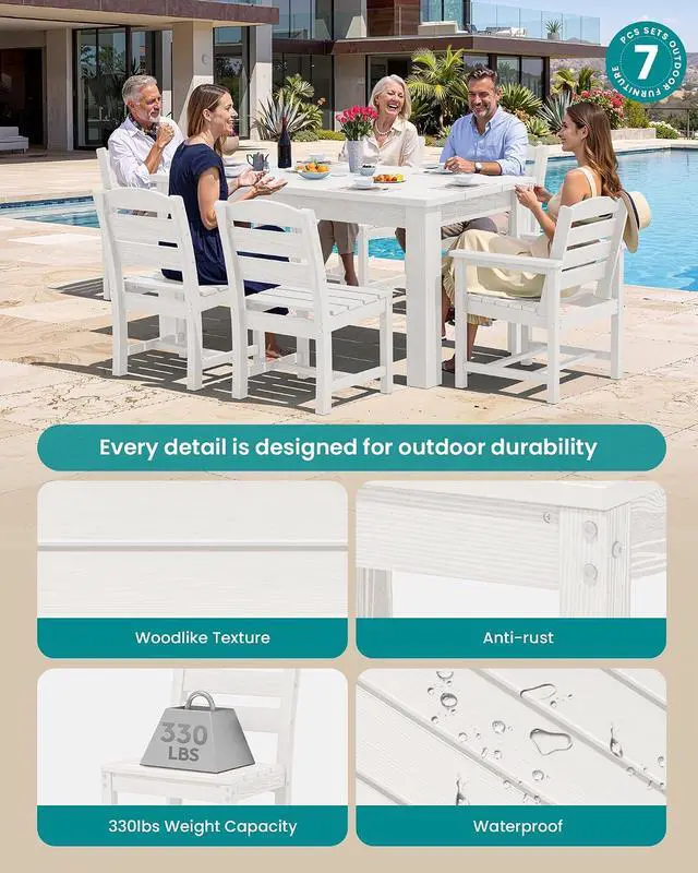 Alt view image 2 of 7 - HDPE Dining Set for 6: 1 Umbrella Hole Table, 4 Armless + 2 Armchairs. for Patio, Garden, Backyard. White