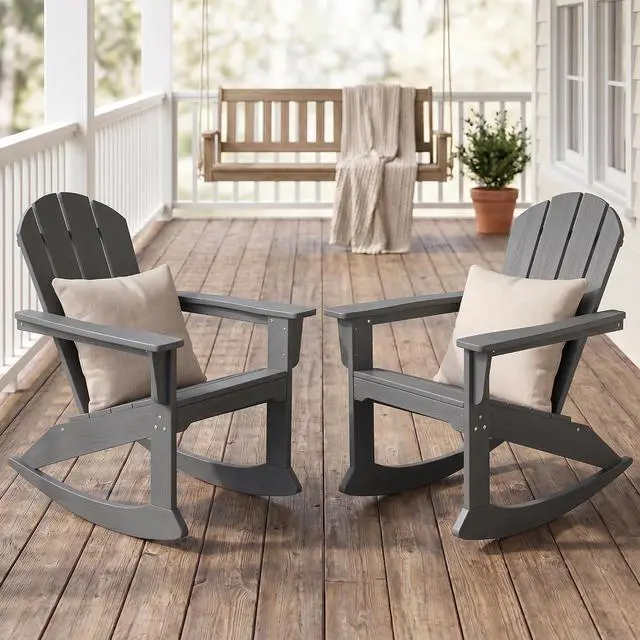 Main image of Outdoor Adirondack Rocking Chairs Set of 2 with Pillows(500 PP Cotton Filling), All-Weather HDPE Adirondack Rocker Chair, Front Porch Rocker Chairs for Patio Lawn Porch Deck, Grey