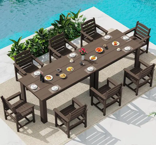 Main image of HDPE Dining Set for 8: 2 Umbrella Hole Tables + 8 Chairs. for Garden, Backyard, Poolside. Coffee